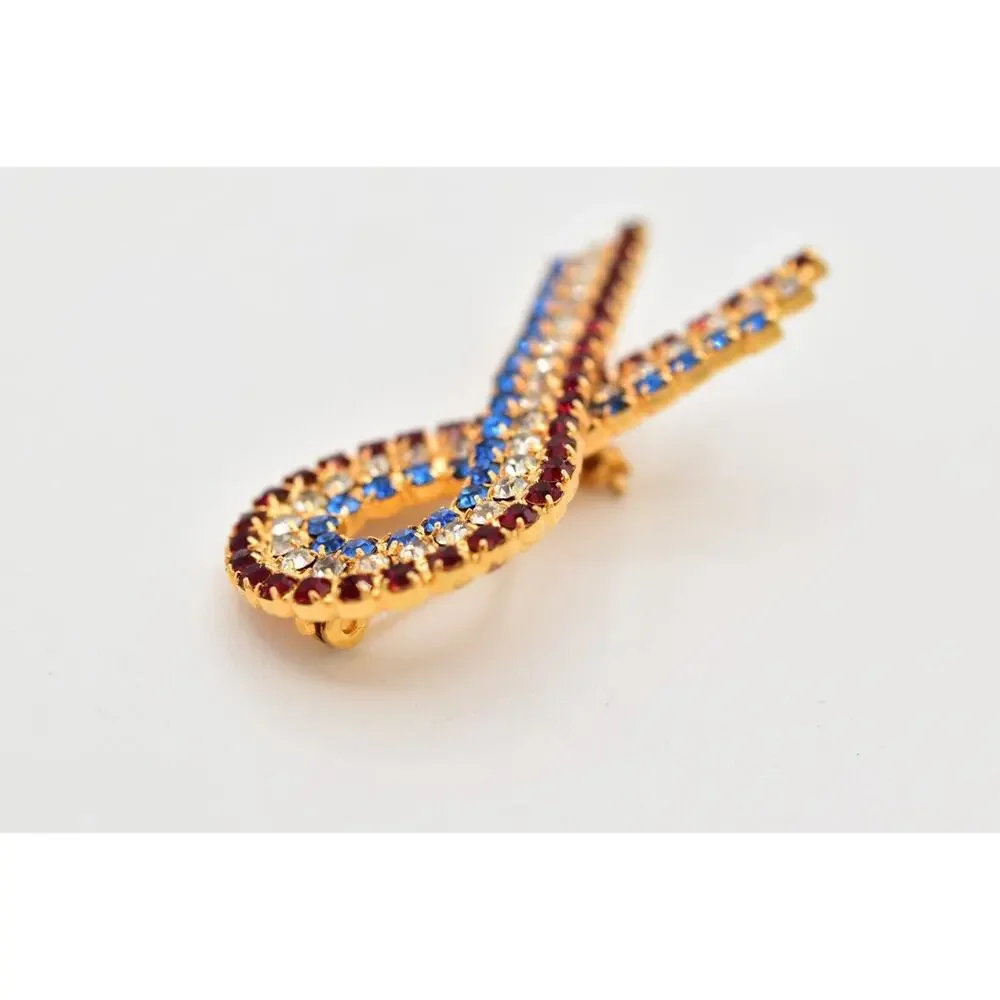 Vintage Crystal Ribbon Bow Pin Brooch Red Blue Crystal Flag Patriotic USA BinBG